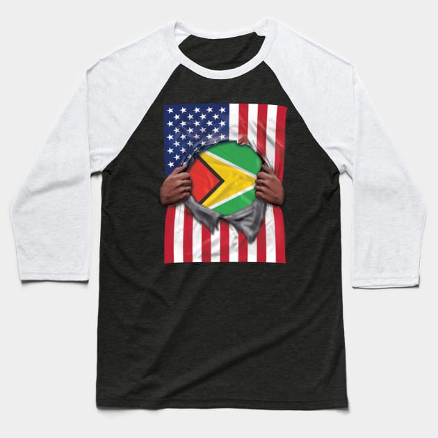 Guyana Flag American Flag Ripped - Gift for Guyanese From Guyana Baseball T-Shirt by Country Flags